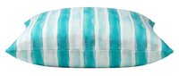 Turquoise and white striped decorative pillow with soft texture, isolated on white background for home decor and interior design projects.
