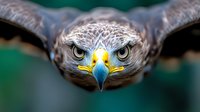 Fierce eagle face in extreme close-up macro shot showing intense yellow eyes and blue beak against blurred wings and green background, dramatic wildlife photography.