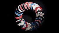 Circular arrangement of colorful vinyl records on black background creating modern music concept for retro design projects and nostalgic themes.