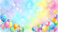 Colorful balloons floating on soft watercolor gradient background with pastel hues of pink, yellow, blue and green. Celebration and party design element.