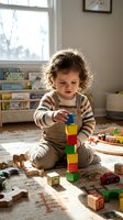 Adorable toddler boy with curly hair building colorful block tower in bright playroom surrounded by educational toys and books for early childhood development.