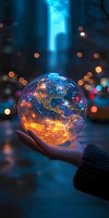 Glowing globe showing North and South America with city lights held in hand against blurred urban nightscape with bokeh lights, magical atmosphere.