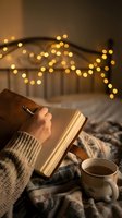 Person in warm sweater reading book in cozy bedroom with glowing string lights, hot beverage nearby. Relaxing evening scene for lifestyle, wellness, and home decor content.