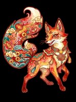 Ornamental fox with decorative floral patterns, gold accents, and traditional Asian-inspired design elements. Isolated on transparent background, ready for t-shirts, stickers, clipart, and print-on-demand products.