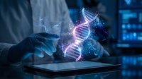 Scientist analyzing DNA double helix structure on digital tablet with holographic projection in modern laboratory for genetic research and biotechnology.