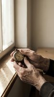 Elderly hands holding vintage pocket watch by window with warm natural light. Concept of time, aging, memories, and life reflection for healthcare design.
