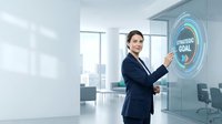 Professional businesswoman in dark suit pointing at holographic strategic goal interface in modern corporate office with city skyline view.