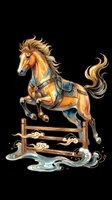 Majestic golden horse leaping over a fence with ornate armor and flowing mane, watercolor style, isolated on transparent background, for stickers, T-shirts, print on demand.