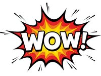 Comic book style WOW explosion burst with red yellow gradient colors and black outline on white background for pop art designs and promotional materials.