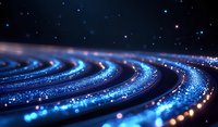 Glowing blue spiral waves with sparkling particles against dark background create mesmerizing cosmic pattern, suitable for abstract space and technology designs.