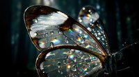 Macro shot of butterfly wings displaying translucent brown and white patterns with iridescent light reflections and bokeh background, suitable for nature and wildlife design projects.