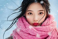 Young Asian woman wearing pink knitted scarf in winter snowfall, wind blowing dark hair, bright red lipstick, close up portrait against snowy blue background.