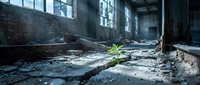 Green plant growing through cracked concrete floor in abandoned industrial building with broken windows and debris scattered around.