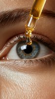 Golden eye drops falling into blue human eye in macro photography. Medical treatment for dry eye syndrome and vision care concept.