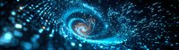 Glowing blue spiral galaxy with stardust particles in deep space panorama, cosmic nebula swirling in darkness creating mesmerizing astronomical formation.