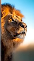 Majestic male lion profile with golden mane in warm sunlight against blue sky background. Powerful big cat portrait showcasing strength and nobility in nature.