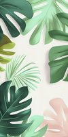 Tropical monstera and palm leaves in green and blush pink tones on white background, creating modern botanical composition for wallpaper and textile design.
