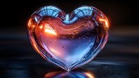 Glowing glass heart with magical light effects and cosmic galaxy reflections on dark surface creates romantic atmosphere and mystical ambiance.