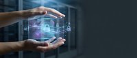 Hands holding digital hologram with security icons and data protection symbols, representing cybersecurity, network safety, and technology solutions for business.