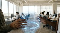 Elderly man's hands interacting with a glowing holographic interface in a modern office, showcasing futuristic technology and digital innovation.
