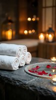 Luxury spa setting with rolled white towels and red rose petals on stone surface with warm candlelight creating romantic wellness atmosphere.
