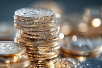 Stack of golden coins with detailed texture and ridged edges on blurred background, representing wealth, finance, and investment opportunities.