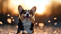Happy Welsh Corgi dog portrait at golden sunset with bokeh lights background, smiling puppy face looking up with joyful expression and perked ears.