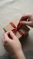 Hands of a light-skinned person wrapping a kraft paper gift box with a red ribbon bow on a neutral surface. Suitable for holiday, celebration, and retail marketing.