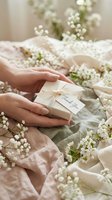 Female hands holding wrapped gift box with thank you tag surrounded by delicate white flowers and soft fabric for special occasions and gratitude expressions.