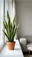 Snake plant in terracotta pot on windowsill in modern living room with natural light and minimalist decor for home interior design and houseplant care.