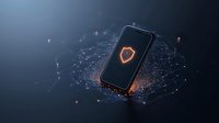 Smartphone displaying glowing shield icon surrounded by digital network connections and particles on dark background, cybersecurity concept visualization.