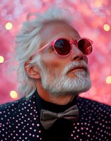 Senior man with long white hair and full beard wearing pink round sunglasses and polka dot blazer with bow tie against bokeh pink background. Fashion and lifestyle.