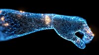 Glowing blue network shaped as human arm and hand against black background shows neural connections and artificial intelligence concept in technology.