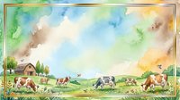 Watercolor pastoral landscape with dairy cows grazing in green meadow, farm barn and colorful sky background for rural agriculture and countryside themes.