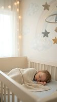 Peaceful baby sleeping in white crib with star mobile and warm string lights creating cozy nursery atmosphere for sweet dreams and restful night.