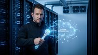 Caucasian male IT administrator in dark suit managing holographic network interface in modern server room with digital connectivity display.