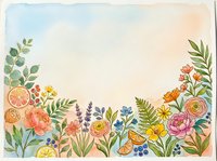 Watercolor floral border with colorful flowers, citrus slices, berries, and green leaves on soft pastel background with copy space.