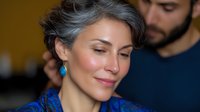Mature woman with silver gray hair and turquoise earrings smiling with closed eyes, expressing serenity and contentment while man stands behind her in soft focus.