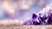 Raw amethyst crystal formation with glittering bokeh lights and golden sparkles on purple background, creating magical mineral gemstone composition.