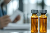 Medical glass vials with amber liquid on blurred clinical background, doctor reviewing documents. Healthcare and pharmaceutical concept.