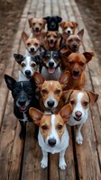 Large group of mixed breed dogs sitting together on wooden deck looking at camera with happy expressions and tongues out for pet care and animal welfare concepts.