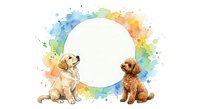 Watercolor golden retriever and poodle puppies sitting beside blank circle frame with colorful paint splashes for pet care designs and greeting cards.