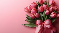 Fresh pink tulips bouquet with satin ribbon bow on soft pink background for spring celebrations, Mother's Day, Valentine's Day and romantic occasions.