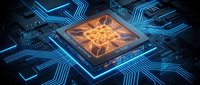 Futuristic AI processor chip with glowing neural network patterns on circuit board for technology and artificial intelligence applications.