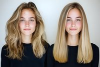 Before and after hair styling comparison showing transformation from natural wavy blonde hair to straight smooth blonde style, wearing black top against neutral background.