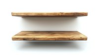 Rustic wooden floating shelves on white wall, natural wood grain texture visible. Empty display shelves for home decor and storage solutions.