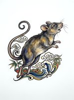 Illustrated rat with ornamental scrollwork and botanical elements on white background, suitable for clipart, t-shirt design, and decorative applications.
