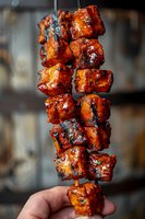 Grilled chicken tikka kebab with bright orange-red tandoori marinade and charred edges on metal skewer, held against dark background. Close up food photography.