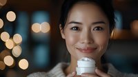 Young Asian woman enjoying hot beverage with whipped cream while relaxing at home during evening hours, warm bokeh lights creating cozy atmosphere.