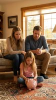 Concerned Caucasian parents discussing family finances while young daughter sits with piggy bank in cozy living room during difficult economic times.